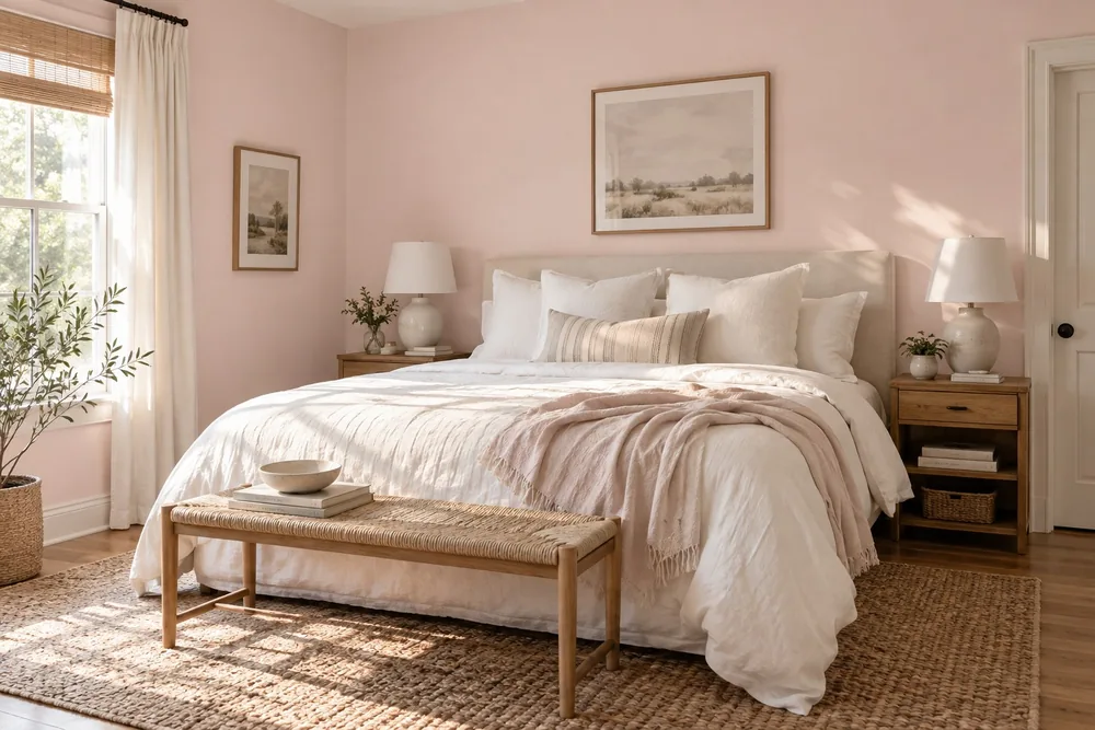Bedroom with layered bedding and natural light